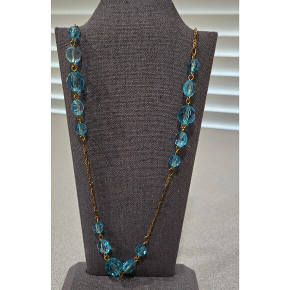 Gold Blue Clear Rounded Beads Infinity Necklace 17" - Picture 1 of 3